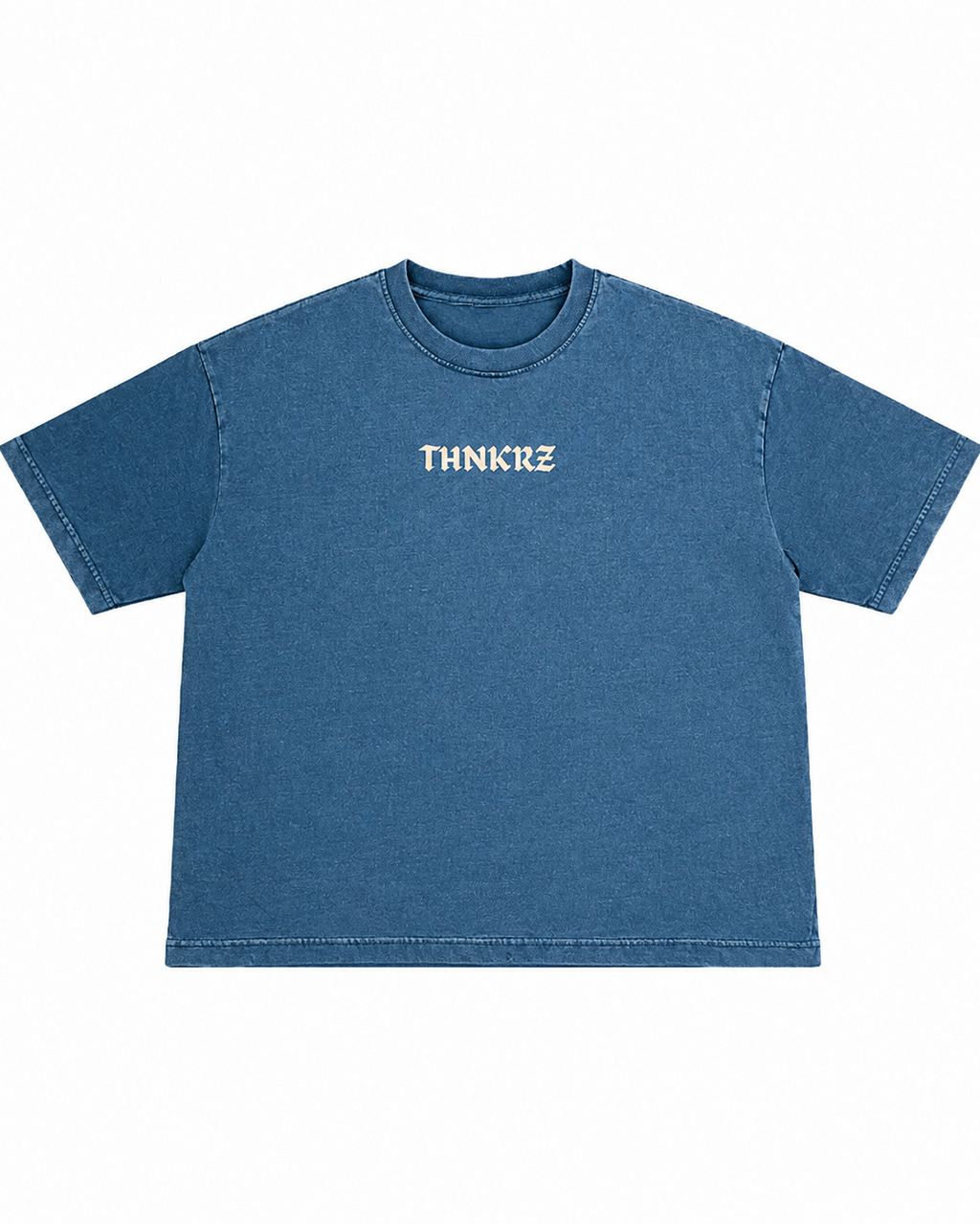 A washed blue short-sleeve t-shirt with the word 'THNKIZ' printed in white across the chest, displayed flat against a solid white background.