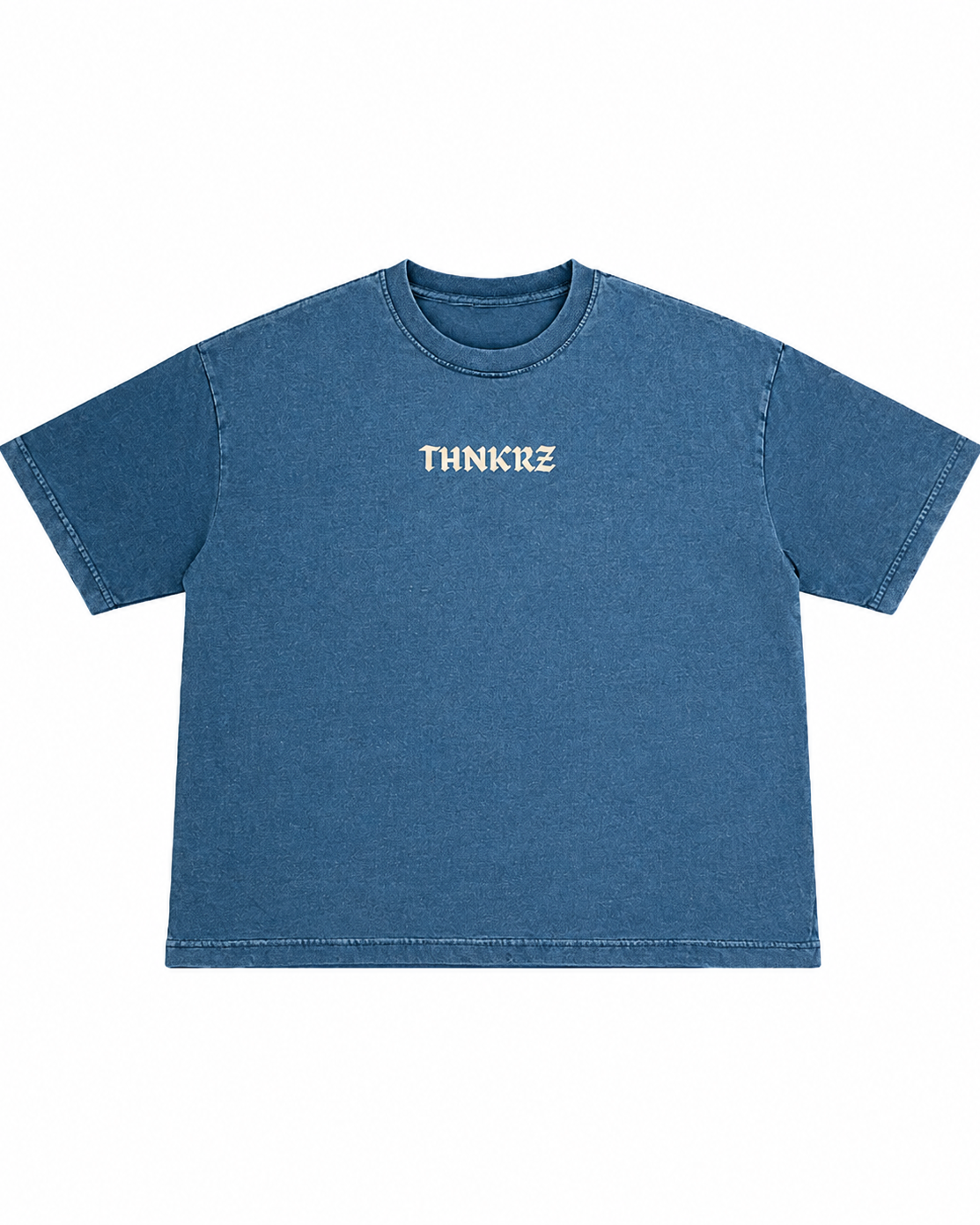 A washed blue short-sleeve t-shirt with the word 'THNKIZ' printed in white across the chest, displayed flat against a solid white background.